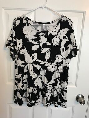 Neineiwu Summer Empire Waist Layered Flutter Sleeve Floral Top Sz L Black White